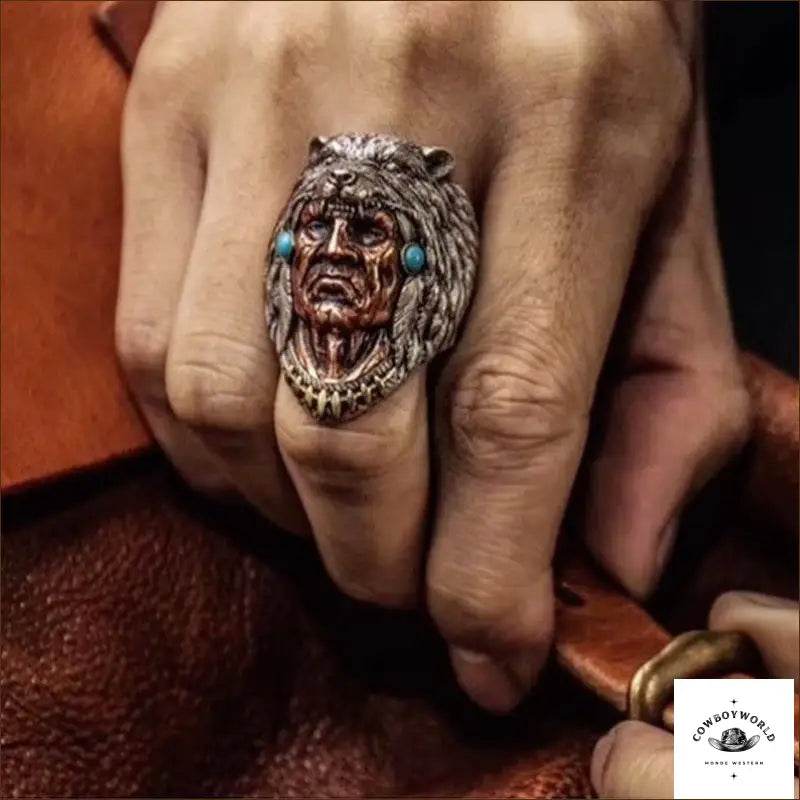 Bague Tête d'Indien Turquoise - Cowboy World