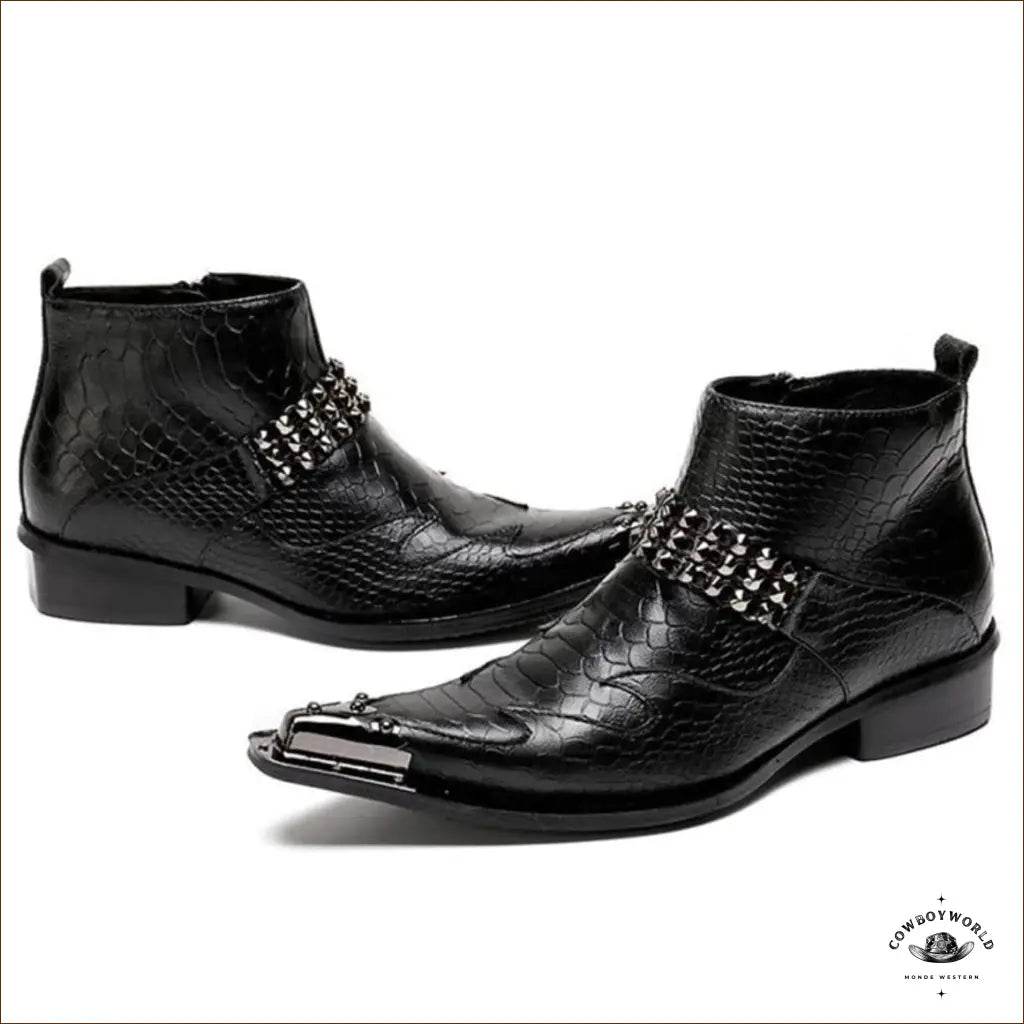 Bottines Cowboy Noires Motifs Gravés - Cowboy World