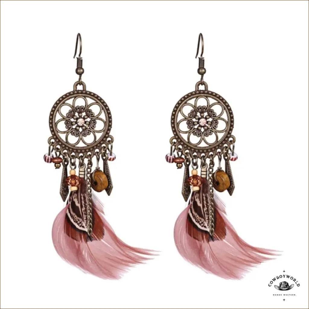 Boucles d'Oreilles à Plumes Roses - Cowboy World