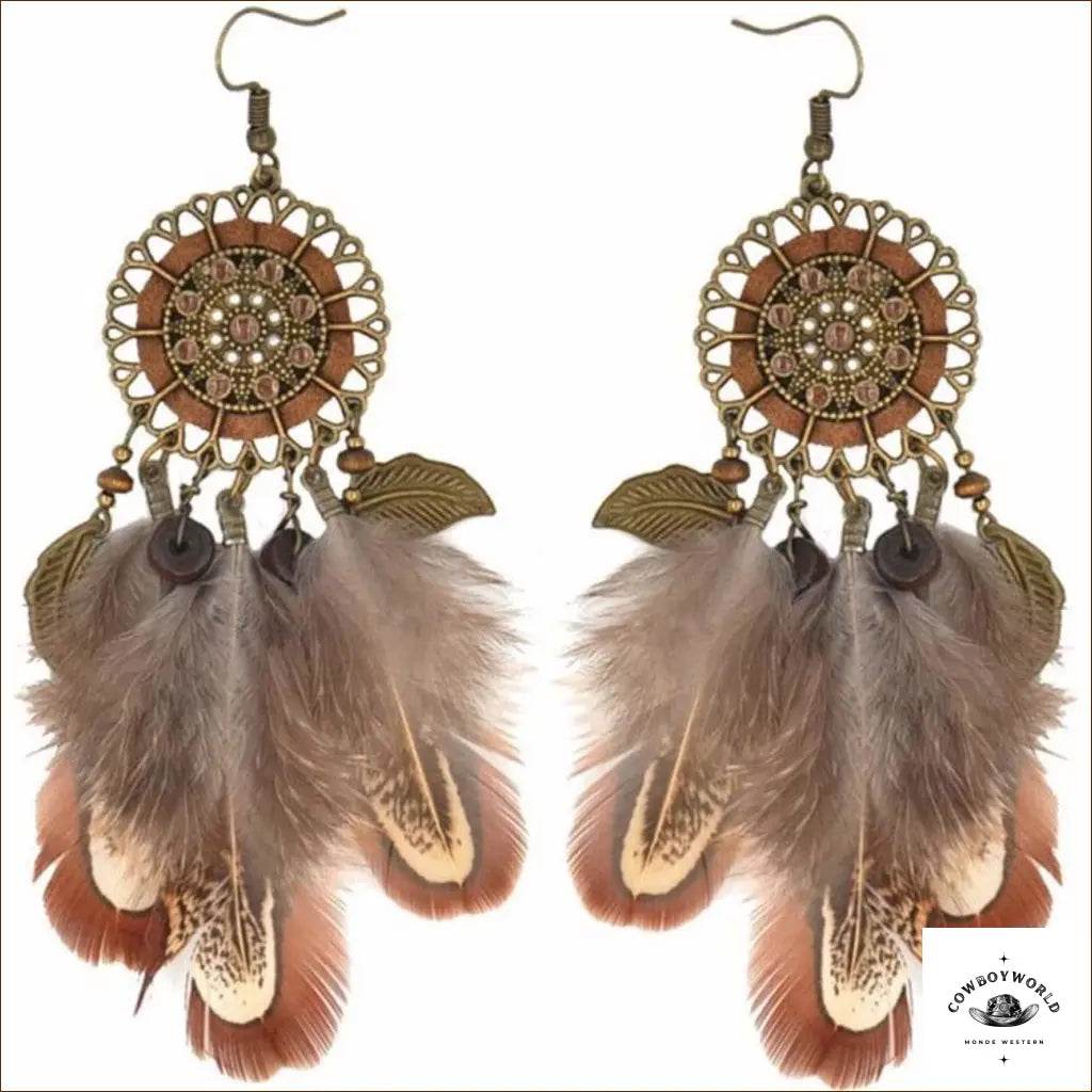 Boucles d'Oreilles Attrape-Rêves à Plumes - Cowboy World