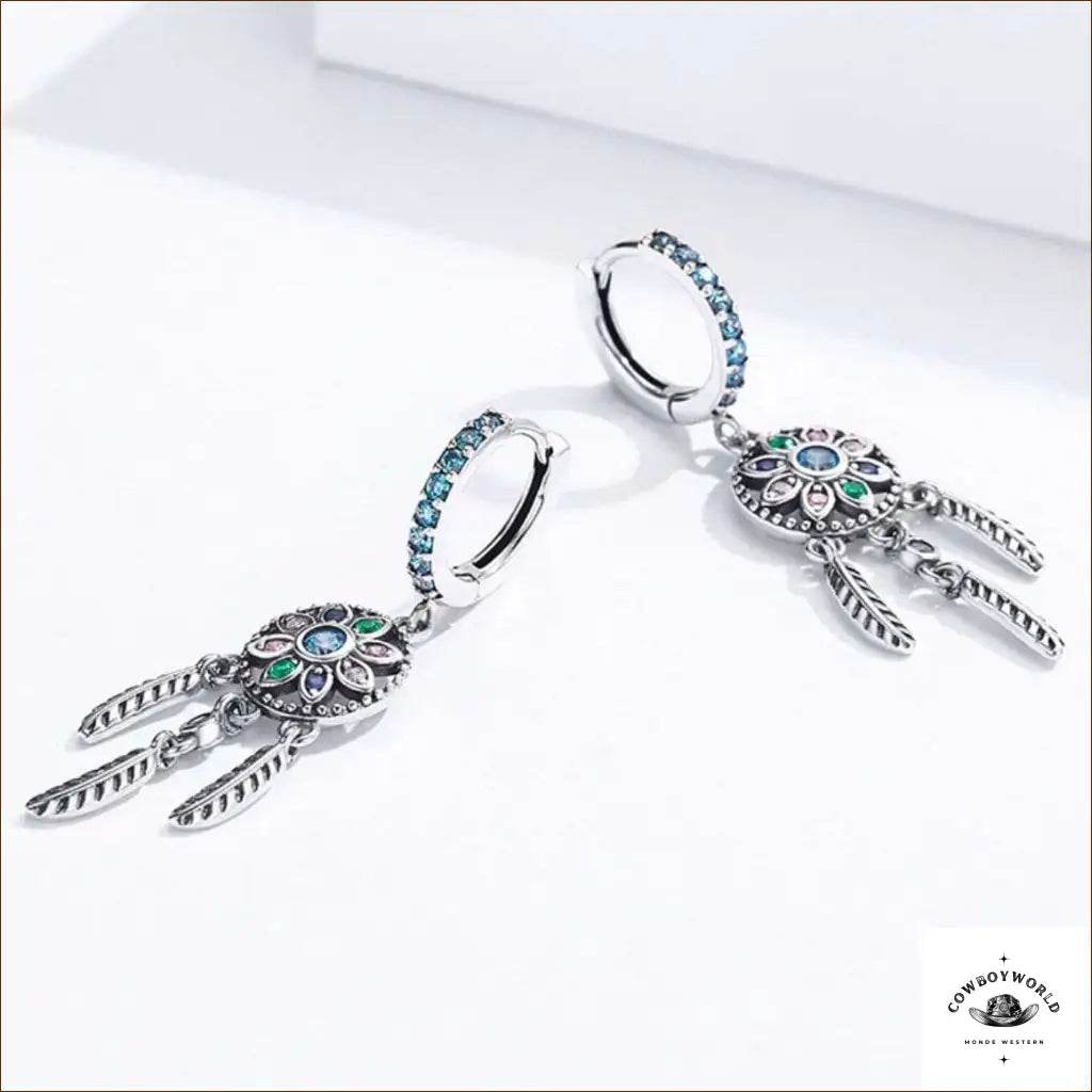 Boucles d'Oreilles Attrape-Rêves Turquoise (Argent) - Cowboy World