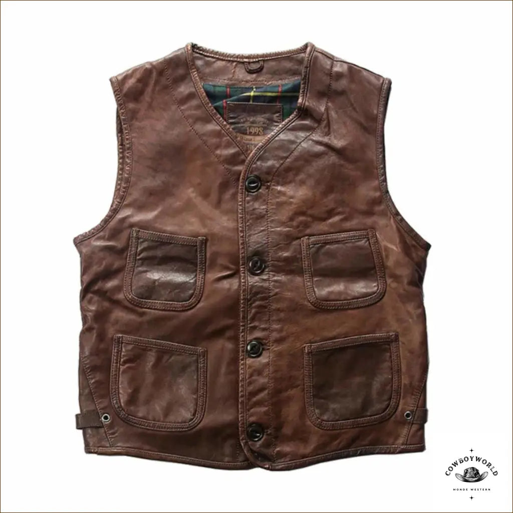 Gilet Homme Sans Manche en Cuir Western