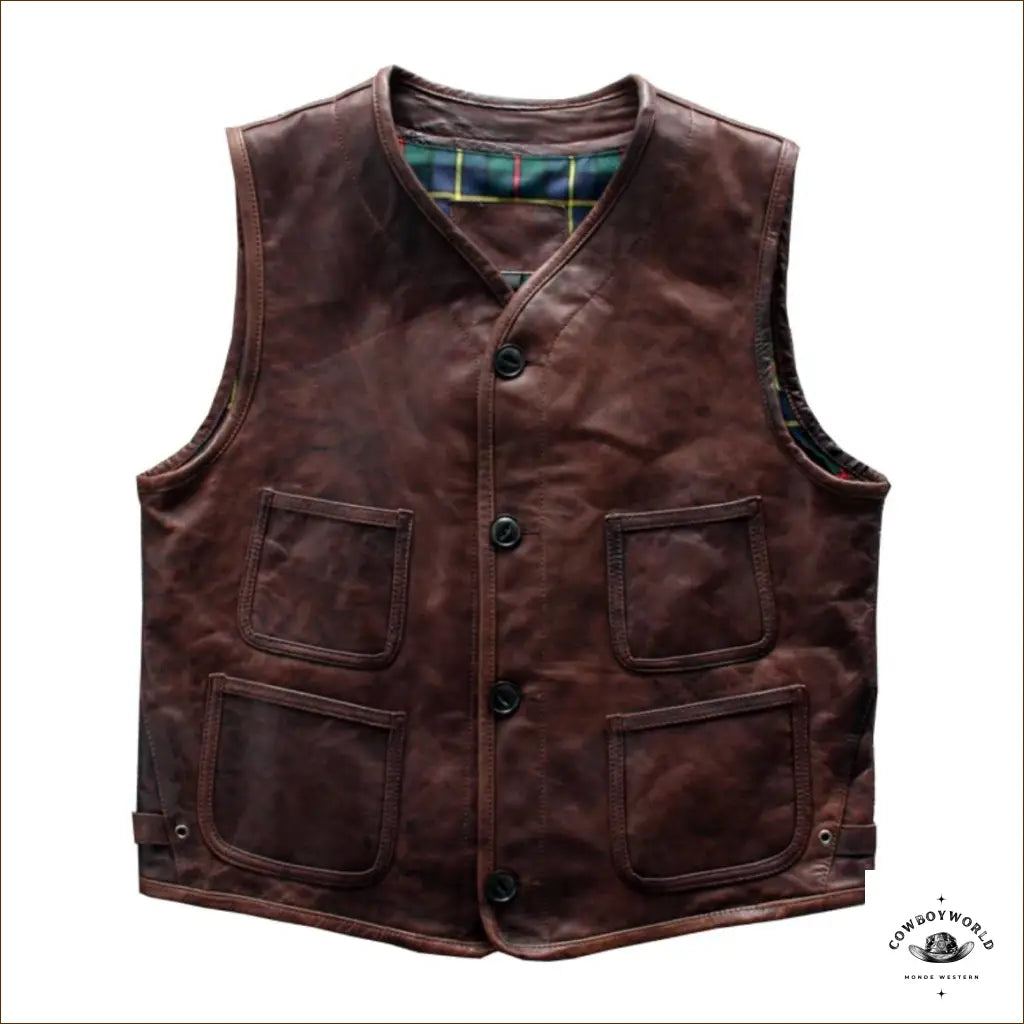 Gilet Sans Manches en Cuir Pour Homme Style Western