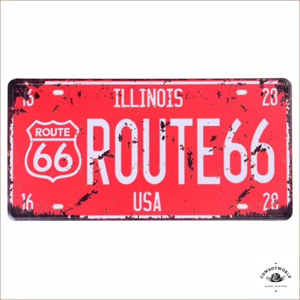 Plaque Métal Route 66 Rouge - Cowboy World
