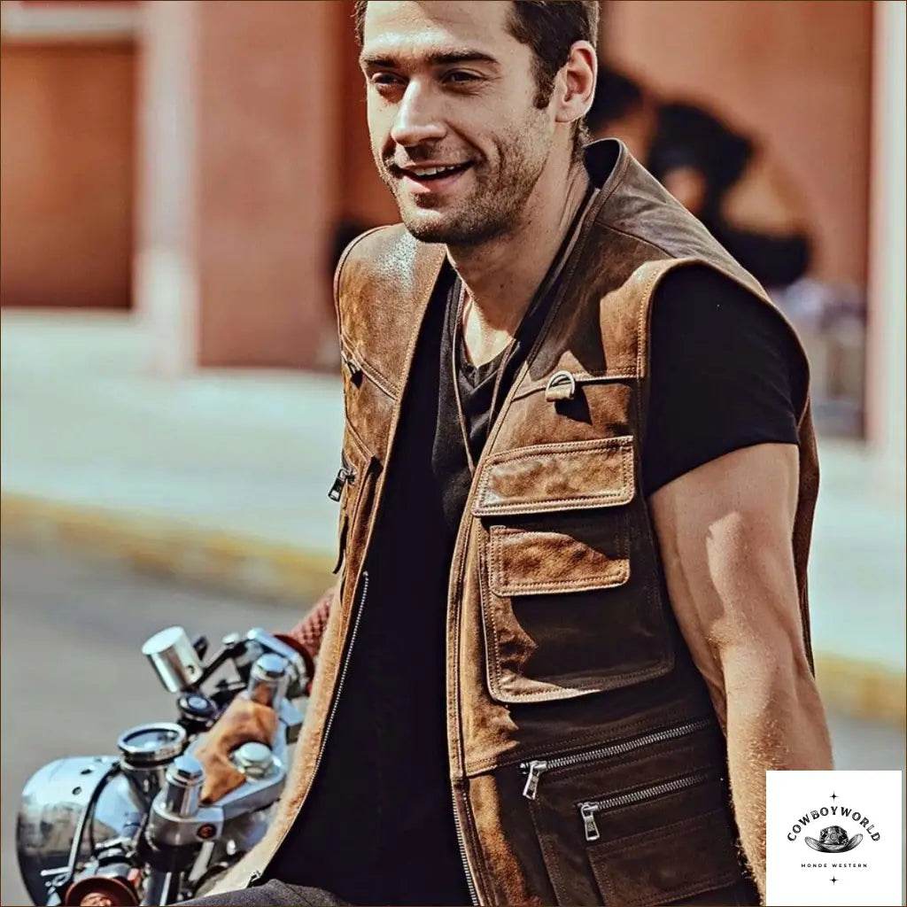 Veste Cuir Western Sans Manches Homme - Cowboy World